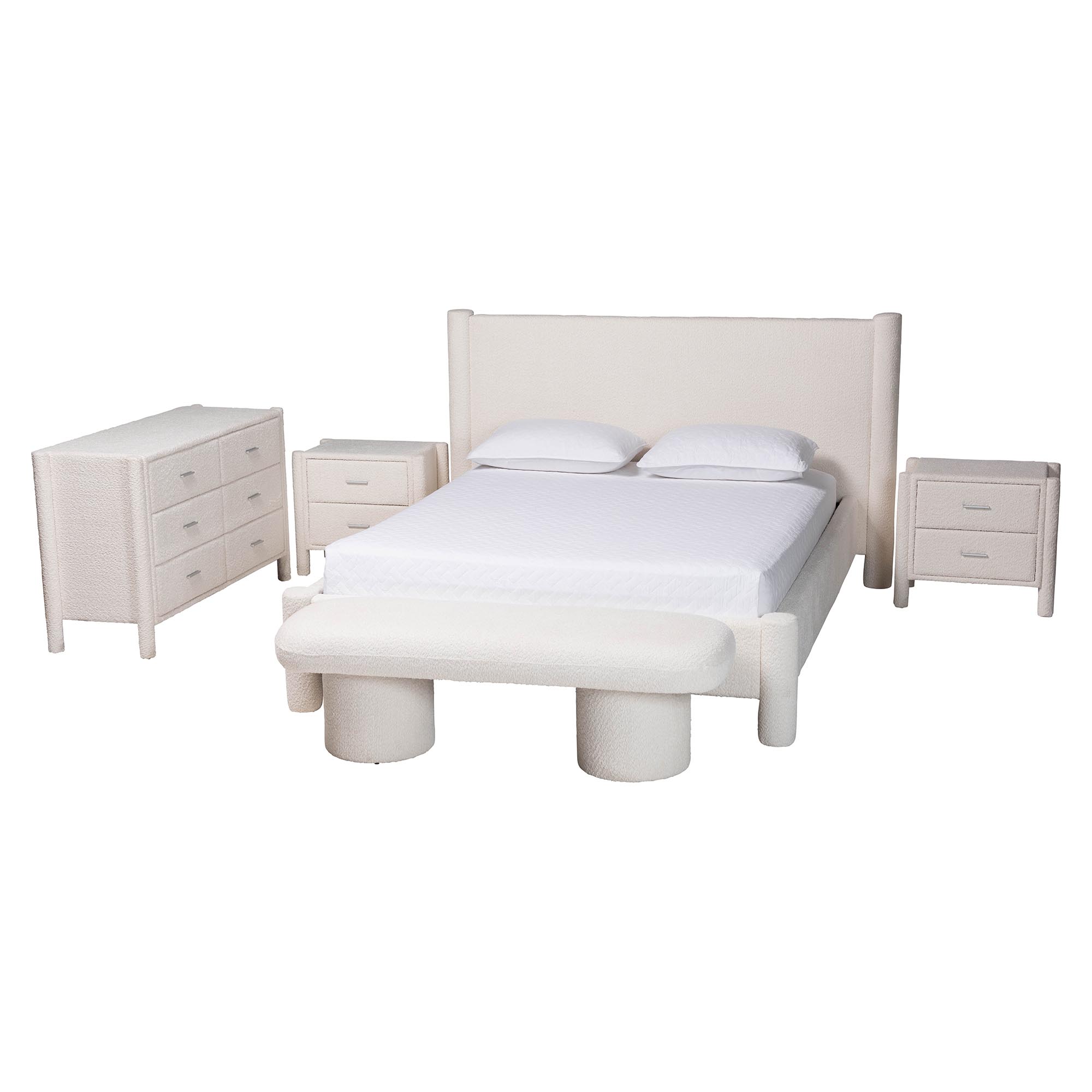 Baxton Studio Laria Modern White Teddy-Bear Fabric Queen Size 5-Piece Bedroom Set